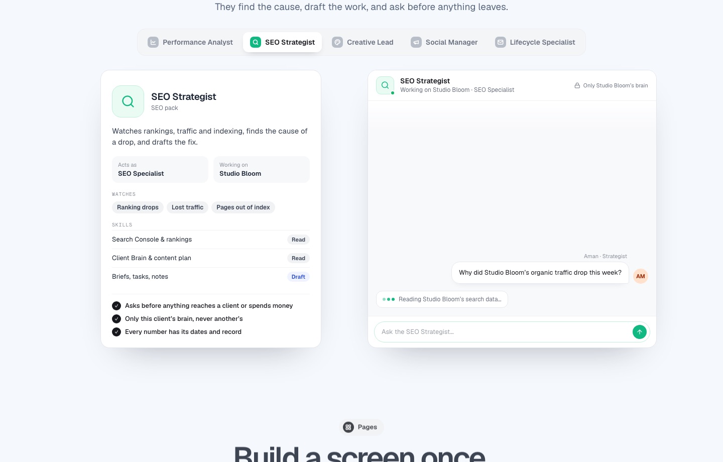 RevSmith Performance Analyst AI teammate explaining why a client’s cost per lead rose 17 percent, with the causes linked to decision and ad-set records